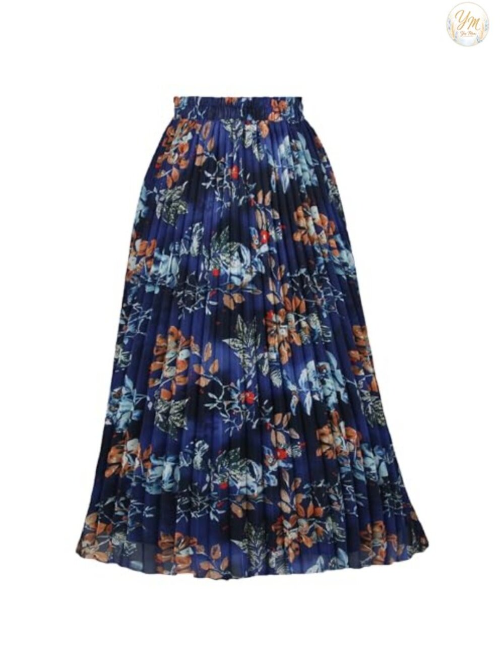 Pleated A-Line High Waist Flowy Midi Skirt Elastic Waist